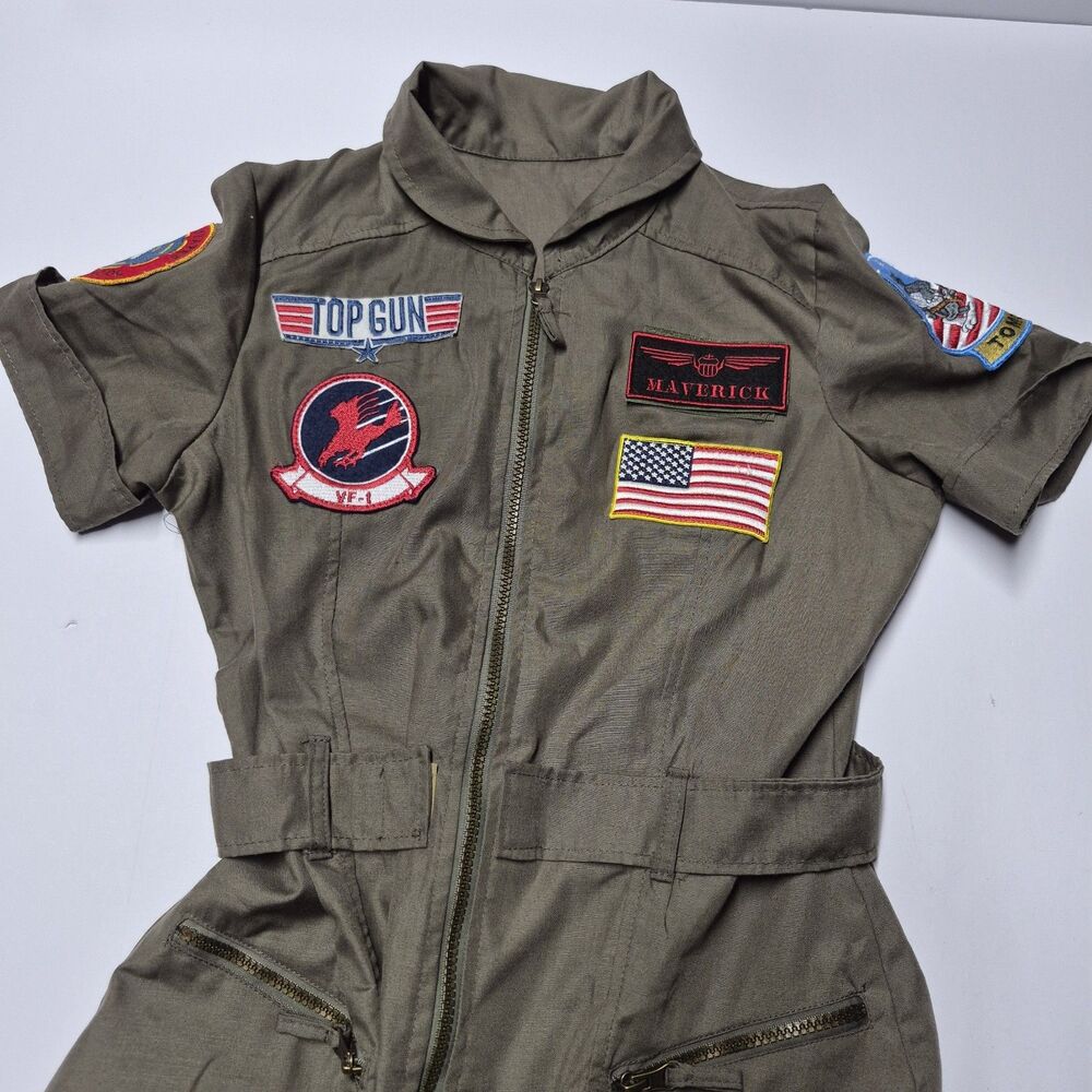 Top Gun Maverick Costume Dress Womens Small Olive Flight Suit Cosplay Ruffle EUC